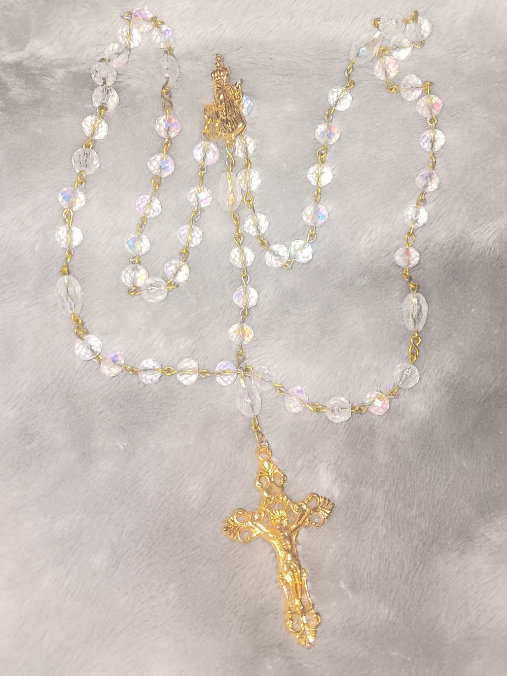 Gold Crucifix Rosary with Clear Beads